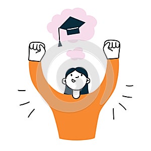 Girl celebrating graduation from college, dreaming of graduate cap, academic success composition, vector illustration of