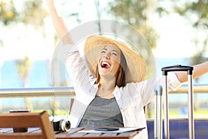 Girl celebrating holidays in an apartment on beach