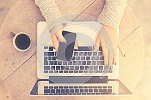 Girl with cell phone, laptop and cup of coffee, vintage photo ef