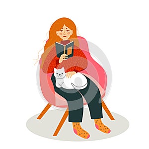 Girl in chair with book and cat. Concept design. Beautiful autumn nature with Flat young woman