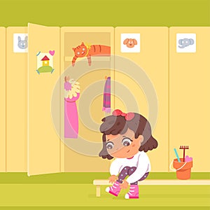 Girl changing clothes at lockers in kindergarten. Little kid sitting on bench and putting on boots in winter vector