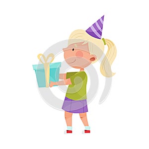 Girl Character in Birthday Hat Carrying Gift Box for Party Vector Illustration