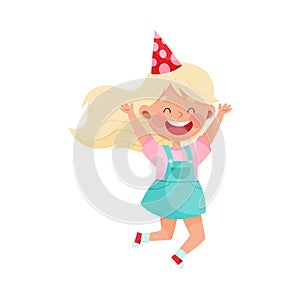 Girl Character with Blonde Hair in Birthday Hat Jumping with Joy Vector Illustration