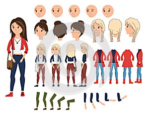 Girl character creation set vector illustration. Female constructor with various emotion on face, hand, leg, pose