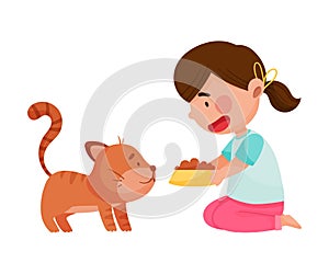 Girl Character Feeding Her Domestic Pet Cat Vector Illustration