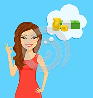 The girl character. Financial success. Portrait of a young girl with a cheerful look. Speech bubble