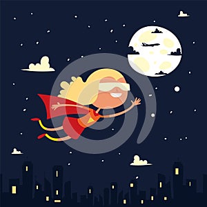 Girl character little superhero fly space, black sky, big moon, cloud, night city background, flat vector illustration.