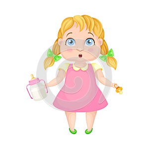 Girl Character with Ponytails Holding Milk Bottle Vector Illustration