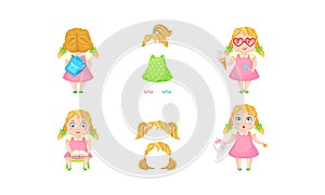 Girl Character Reading Book and Holding Ice Cream Vector Set