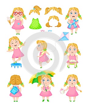 Girl Character Reading Book and Playing with Kite Vector Set