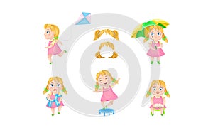 Girl Character Reading Book and Playing with Kite Vector Set