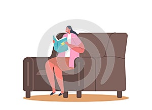 Girl Character Reading Book Sit on Armchair at Home or Library. Kid Studying, Schoolgirl Learning, Read Fairytale Story