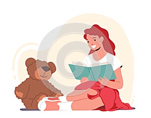 Girl Character Reading Books to Soft Bear Toy. Back to School, Lesson, Education and Knowledge Concept. Kid Studying