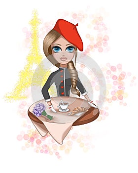 Girl character in a red beret.Girl in Paris.Breakfast in Paris.