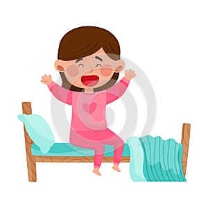 Girl Character Sitting on Bed and Yawning Waking Up in the Morning Vector Illustration