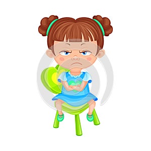 Girl Character Sitting on Chair with Crossed Arms Pouting Vector Illustration