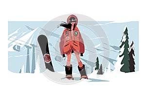 Girl character stand on mountain with snowboard