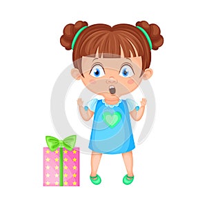 Girl Character Surprised Because of Gift Box Vector Illustration