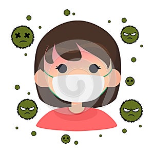 Girl character wears face mask to protect from virus in flat style cartoon