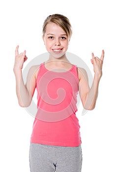 girl with characteristic heavy metal hand gesture