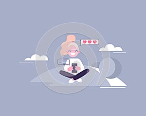 Girl chats and sends hearts message. Flat style vector illustration. Young woman seats on lawn and chats photo