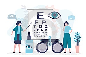 Girl checks eyesight with ophthalmologist. Ophthalmological tools for vision testing. Female character on examination by optician