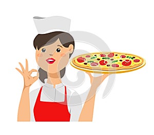 The girl chef holds a pizza and with an Ok sign on her hand. Vector illustration on white background.