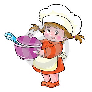 a girl in a chef's hat and with a large saucepan in her hands from which a ladle sticks out,