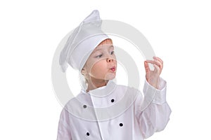 Girl chef white uniform isolated on white background, blowing to the fingers, Okay sign. Landscape image