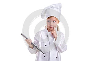 Girl chef white uniform isolated on white background. Holding the black ipad screen, thinking and looking up. Landscape