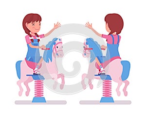 Girl child 7-9 yo school age kid on horse spring rider