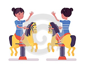 Girl child 7, 9 yo school black kid, horse spring rider