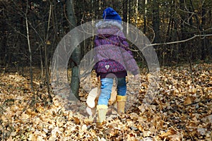 A girl child in autumn clothes walks through the autumn forest strewn with dry leaves. Walk through the woods. He holds a teddy