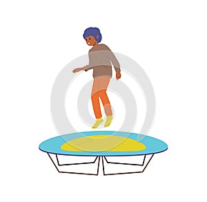 Girl child cartoon character jumping on trampoline having leisure time at kids zone or playground