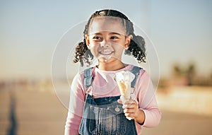Girl, child and eating ice cream in city, street or urban road outdoors. Happy, smile and black kid enjoying fresh