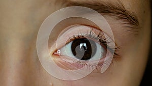 Girl child eye, dark brown left eye close up, Closeup of girl child eye