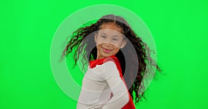 Girl child, hero and green screen with face, smile and justice with hands on hips for mock up. Happy female kid, power