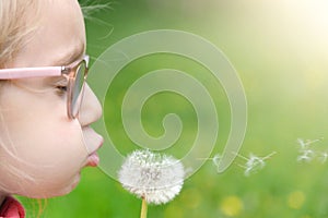 Girl child holds and blows on a dandelion. Happy childhood concept. Playing outdoors