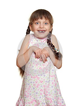 Girl child lost tooth fairy casual dressed on white