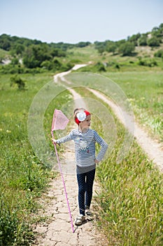 Girl, child, net, lifestyle, summer, forest, insects, joy, environment, nature