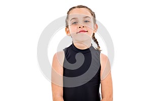 Girl child practice and doing rhythmic gymnastics portrait, white background