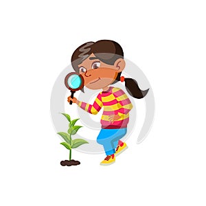 Girl Child Researching Plant With Magnifier Vector