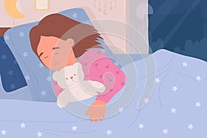 Girl child sleeping in bed with teddy bear, sleepy little kid lying, cuddle plush toy