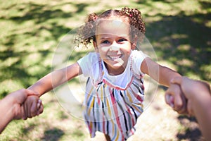 Girl child, spin and pov in park for game, play and family bonding in outdoor for fun on weekend in summer. Happy kid