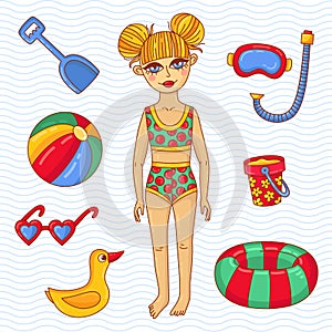 Girl child with sweeming beach toys vector set