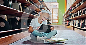 Girl, child and tablet with books in library for education, growth and development with online course. Kid, digital