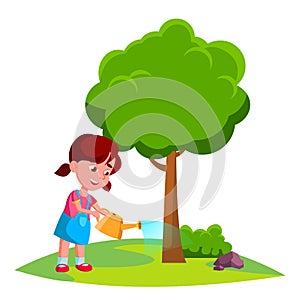 Girl Child Watering Tree, Earth Day Concept Vector. Isolated Illustration