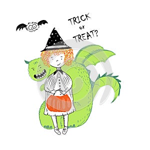 Girl child witch with pumpkin and monster - Trick or treat halloween vector illustration