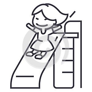 Girl on children slide vector line icon, sign, illustration on background, editable strokes