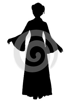 Girl in Chinese national costume silhouette, vector outline portrait, black and white contour drawing. Asian woman full-length in